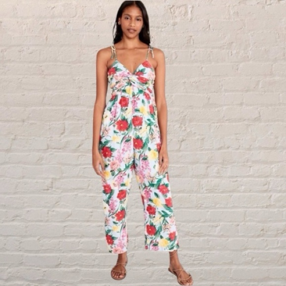 Old Navy linen blend twist knot empire bodice Floral Jumpsuit Blue/Red Size XL